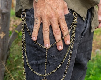 Cadena para pantalones de hombre con capas, dije de moneda vintage y gema de ónix - Cadena para cartera steampunk - Llavero triple de bronce antiguo para pantalones