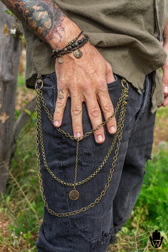 Mens Layered Pants Chain With Vintage Coin Charm & Onyx Gemstone