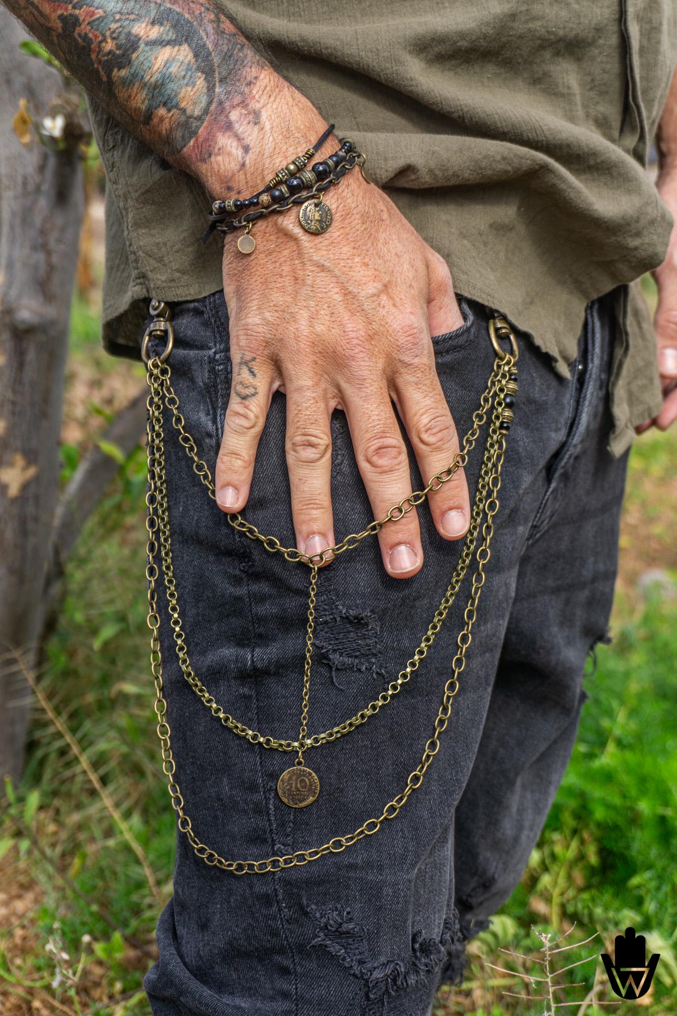 vintage style Wallet chain 　真鍮 Mens Layered Pants Chain With Vintage Coin Charm & Onyx Gemstone