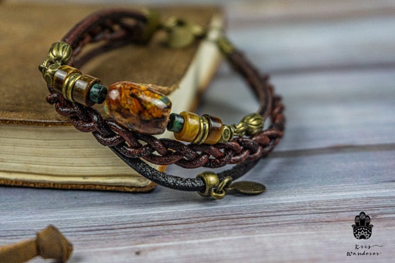 Mens Leather Wrap Stacking Bracelet Set Fire Agate Tiger Eye