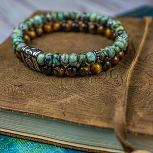 Healing Chakra Gemstone Bead Bracelet For Men Jasper Turquoise Tiger Eye Double Bracelet Set Mens Boho Yoga Stacking Beaded Bracelet Set image 9