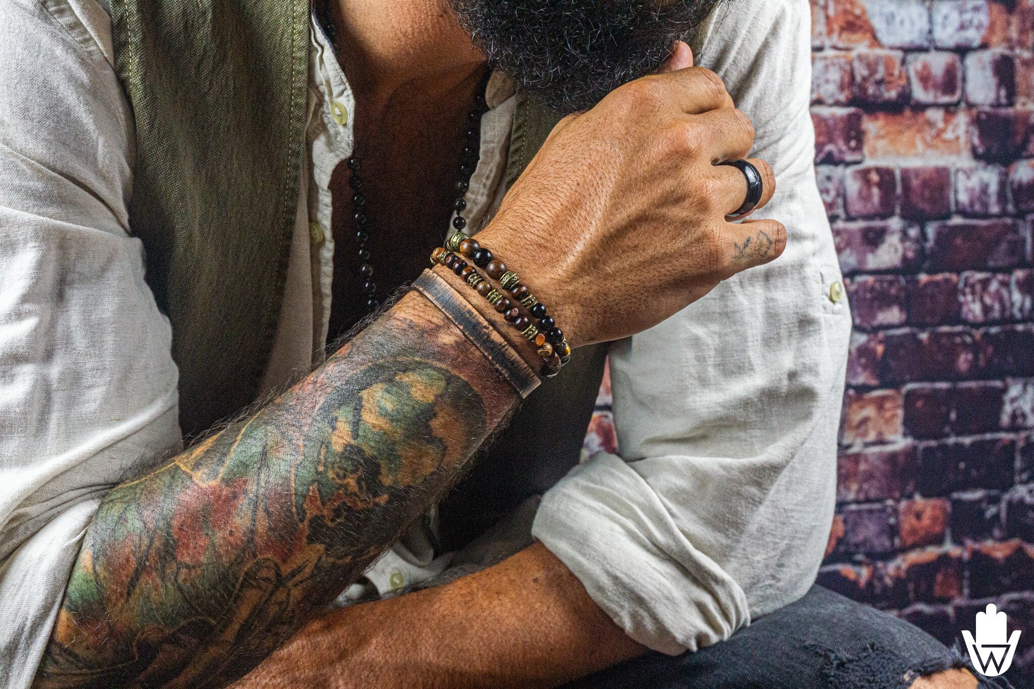Mens Perfect Match Beaded Bracelet Set- Wooden Bead Good Luck Gemstone Bracelet- Black Onyx Tiger Eye Leather Stacking Bracelet For Men