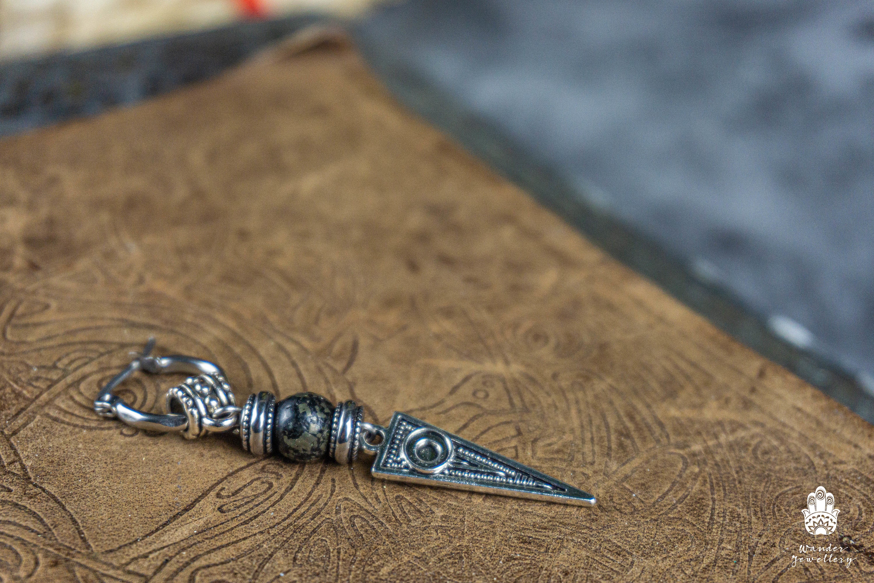 Long Dangle Triangle Gemstone Mens Earring- Stainless Steel Drop Earring For Men- Beaded Modern Pirate Hoop Earring- Silver Spike Earring