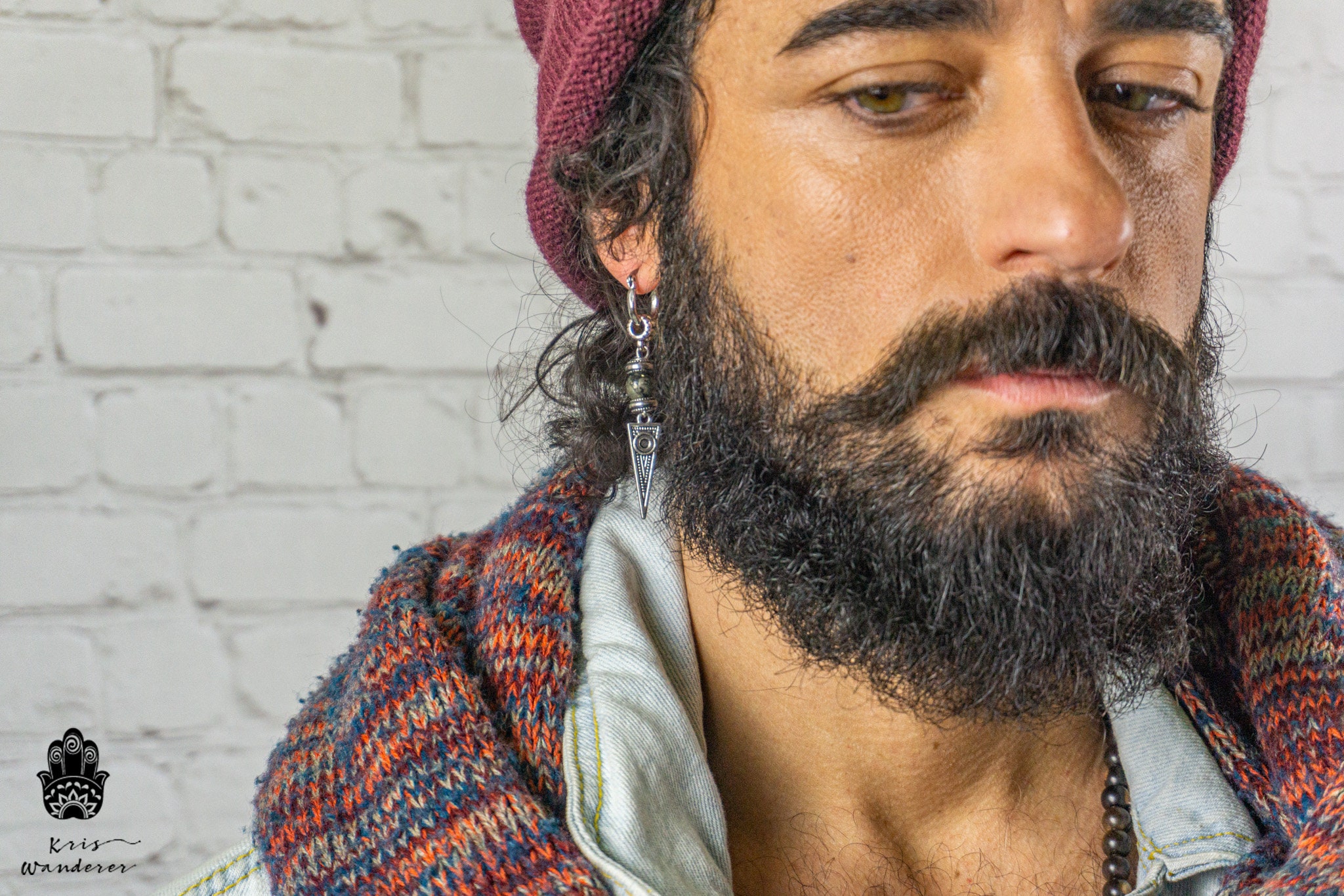 Long Dangle Triangle Gemstone Mens Earring- Stainless Steel Drop Earring For Men- Beaded Modern Pirate Hoop Earring- Silver Spike Earring