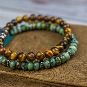 Healing Chakra Gemstone Bead Bracelet For Men Jasper Turquoise Tiger Eye Double Bracelet Set Mens Boho Yoga Stacking Beaded Bracelet Set image 6