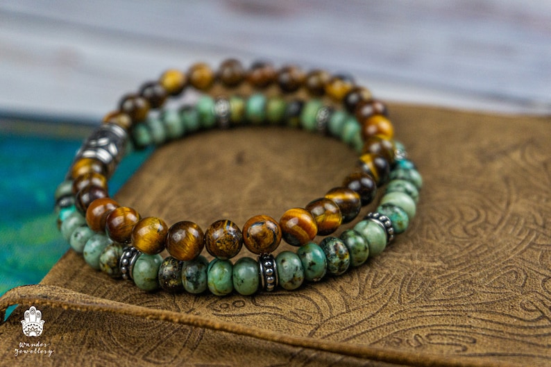 Healing Chakra Gemstone Bead Bracelet For Men Jasper Turquoise Tiger Eye Double Bracelet Set Mens Boho Yoga Stacking Beaded Bracelet Set image 6