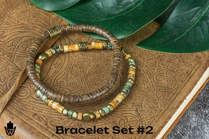 Natural Jasper Gemstone Leather And Coconut Bead Protection Bracelet Set Mens Matching Stackable Bracelets Yoga Boho Beaded Bracelet Set Bracelet Set #2