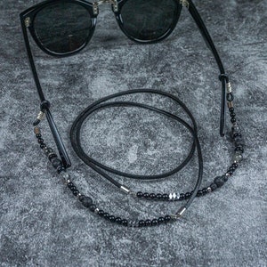 Black Onyx Gemstone Beaded Glasses Chain Mens Leather Beaded Glasses Strap Waterproof Sunglasses Chain Boho Stylish Eyeglasses Holder image 2
