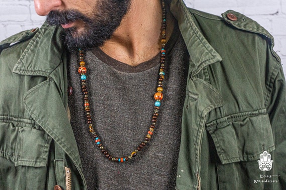 Long Wooden Bead Boho Necklace for Men- Tiger Eye Stone and Red