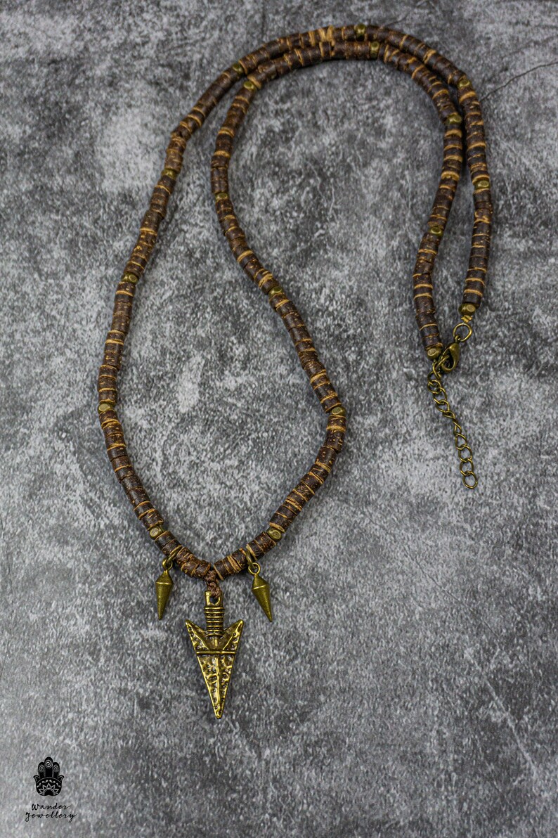 Mens Coconut Shell Beadead Arrowhead Pendant Necklace- Wooden Bead Long ...