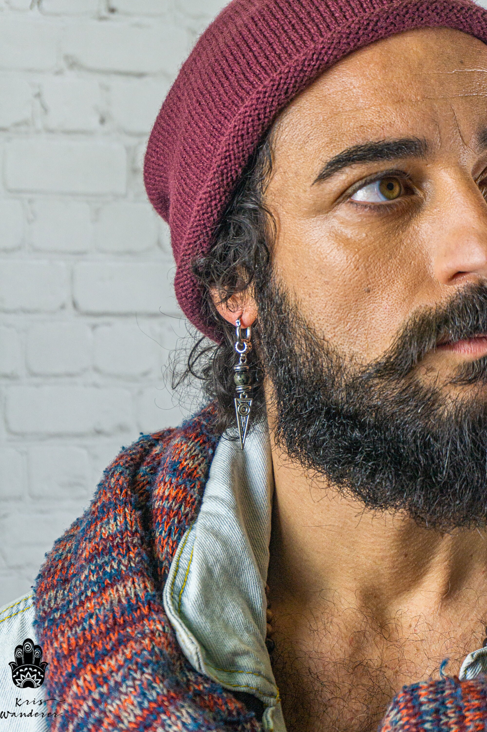 Long Dangle Triangle Gemstone Mens Earring- Stainless Steel Drop Earring For Men- Beaded Modern Pirate Hoop Earring- Silver Spike Earring