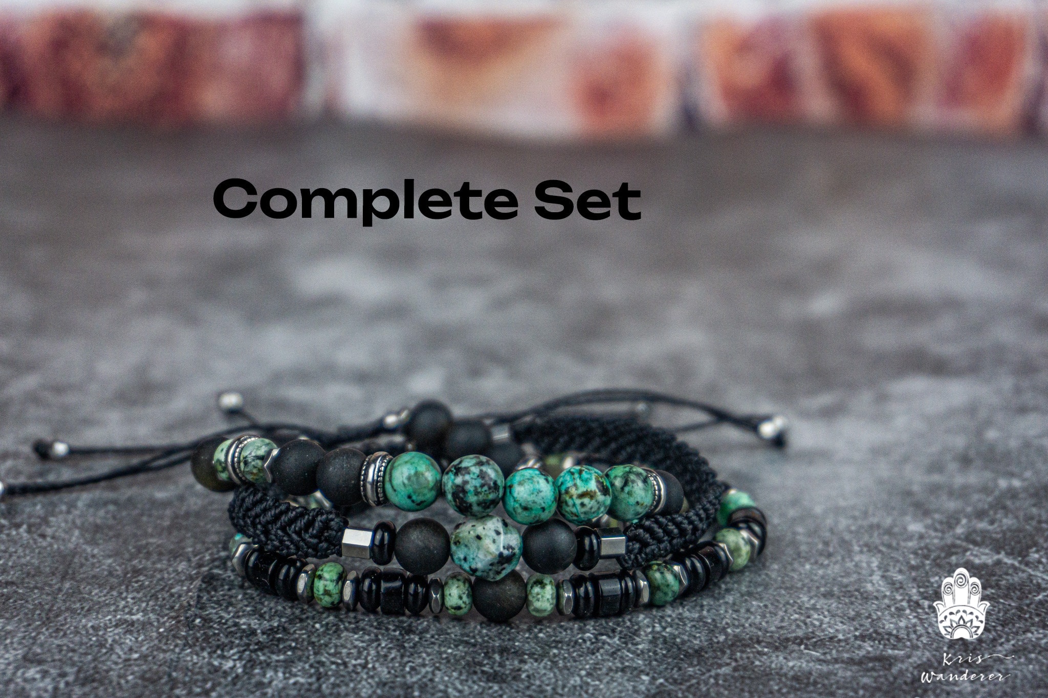 Black Onyx and Green Turquoise Gemstone Bead Macrame Bracelet Set