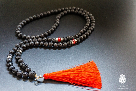 Japa Mala 108 Beads Necklace- Lava Stone Beaded Long Tassel
