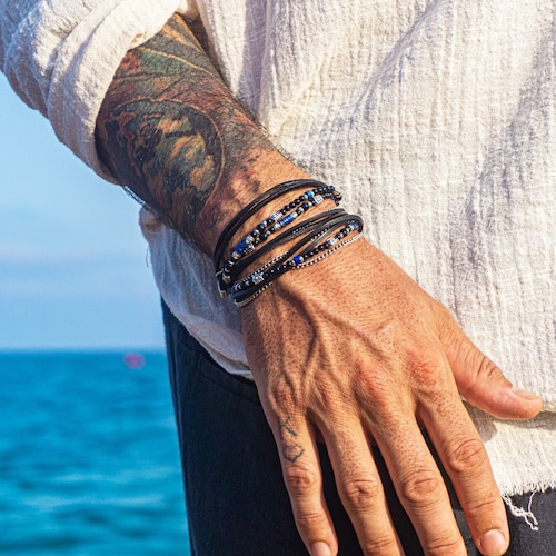 3-Piece Men's Bracelet Set - Black Chain, Braided Leather & Natural Gemstone Beaded Bracelets For Men, Adjustable Gift Set