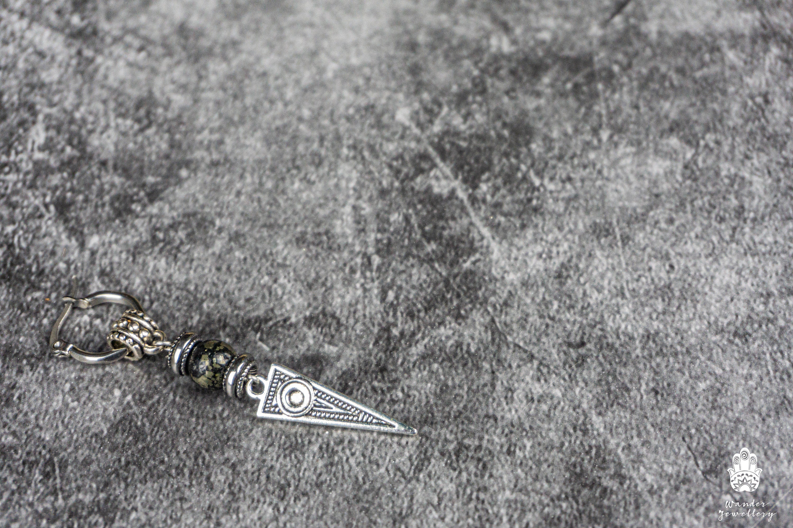 Long Dangle Triangle Gemstone Mens Earring- Stainless Steel Drop Earring For Men- Beaded Modern Pirate Hoop Earring- Silver Spike Earring