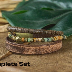 Natural Jasper Gemstone Leather And Coconut Bead Protection Bracelet Set Mens Matching Stackable Bracelets Yoga Boho Beaded Bracelet Set Complete Set