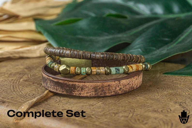 Natural Jasper Gemstone Leather And Coconut Bead Protection Bracelet Set Mens Matching Stackable Bracelets Yoga Boho Beaded Bracelet Set Complete Set