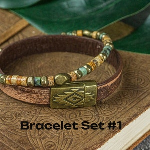 Natural Jasper Gemstone Leather And Coconut Bead Protection Bracelet Set Mens Matching Stackable Bracelets Yoga Boho Beaded Bracelet Set Bracelet Set #1