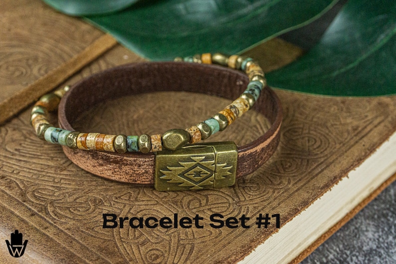 Natural Jasper Gemstone Leather And Coconut Bead Protection Bracelet Set Mens Matching Stackable Bracelets Yoga Boho Beaded Bracelet Set Bracelet Set #1