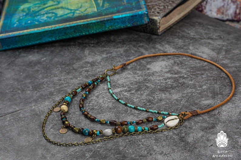 Multi layer necklace for Women Earthy necklace Exotic multi strand necklace Boho Statement Leather Beaded Necklace image 3