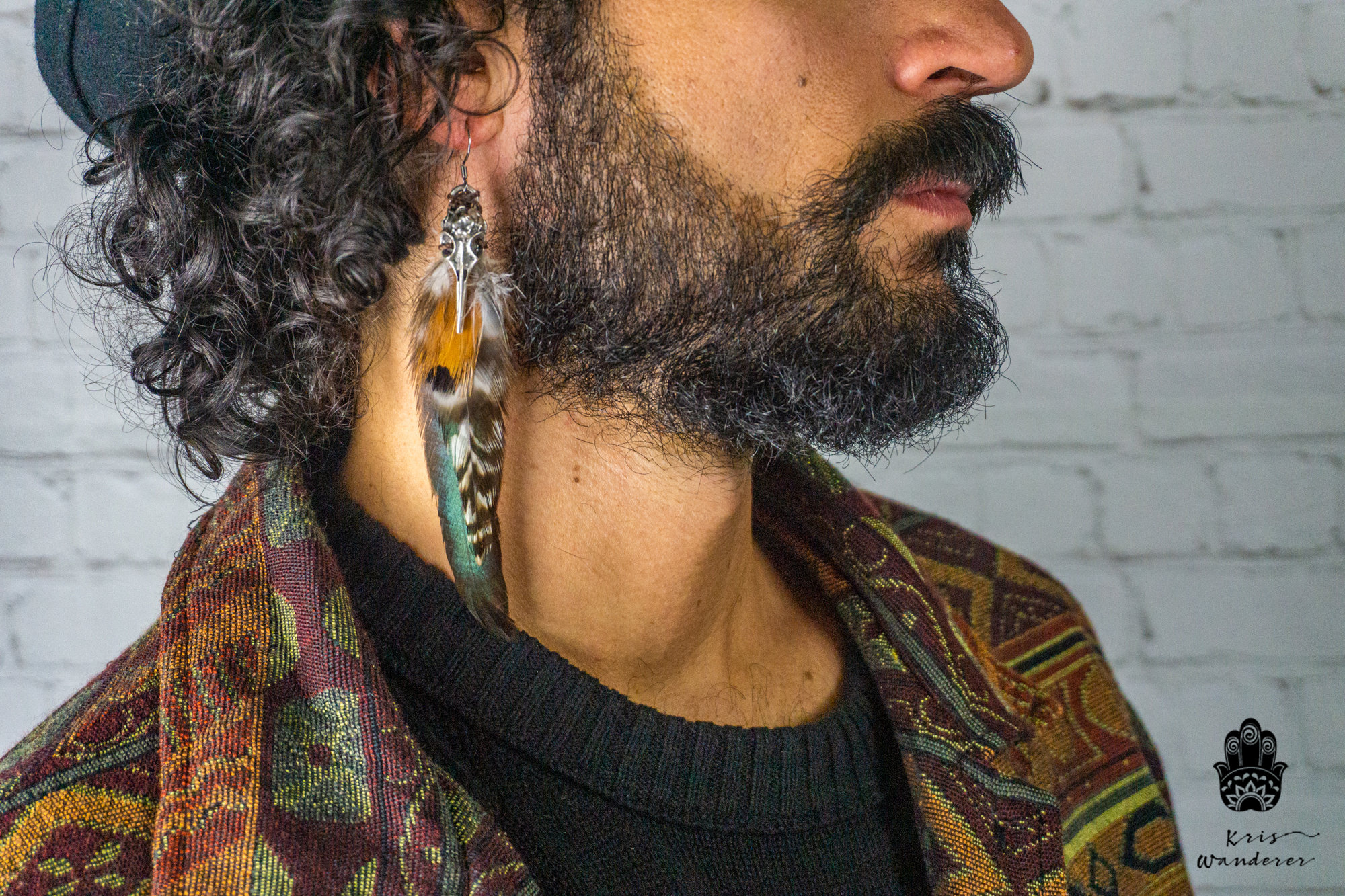 Silver Raven Skull Feather Earring for Men- Mens Long Green