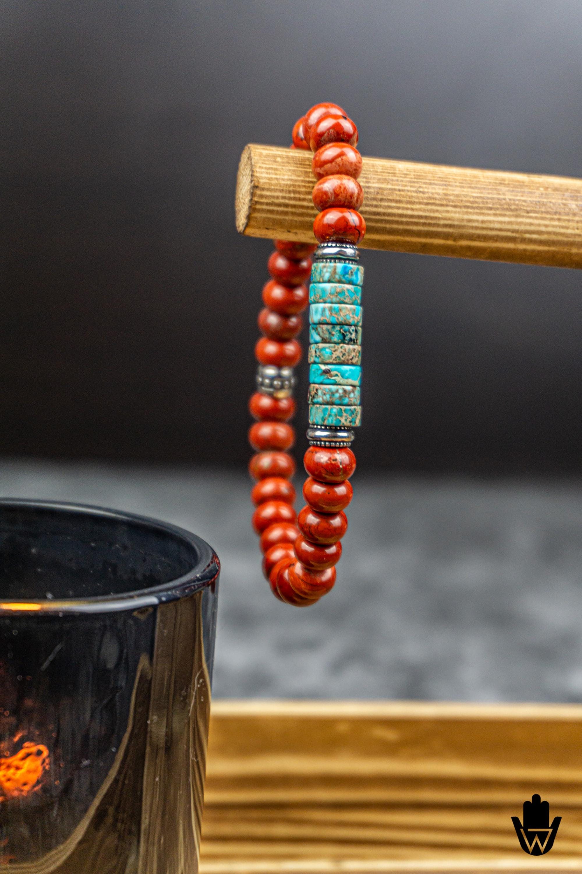 Fire Red Ocean Gemstone Beaded Boho Bracelet for Men- Mens Red