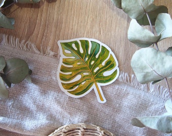 Monstera Blatt wasserdichter Aufkleber; Handgemachte Pflanzen Blatt Wasserflasche Aufkleber; Laptop Aufkleber Dekor; Monstera Blatt Pflanze Aquarell Design