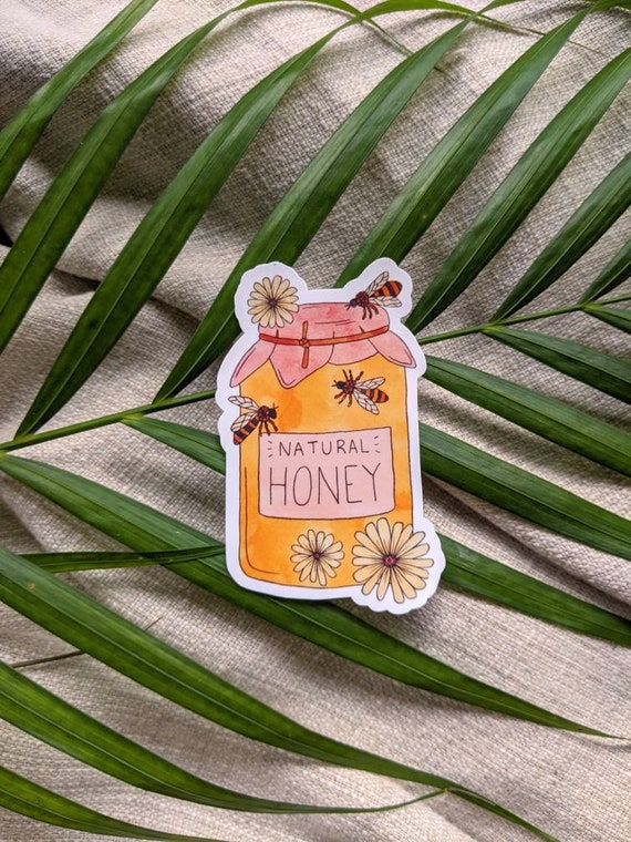 Natural Honey Bee Flowers Floral Honey Jar Honey Pot; pink and yellow matte or glossy weatherproof waterproof UV fade resistant sticker