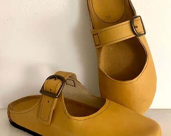 Women’s Leather Mary Jane Shoes, Handmade Closed Toe Sandals, Anatomical Leather Shoes, Minimalist Buckle Flats, Comfortable Walking Shoes