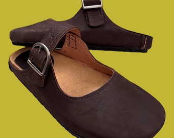 Women’s Leather Mary Jane Shoes, Handmade Closed Toe Sandals, Anatomical Leather Shoes, Minimalist Buckle Flats, Comfortable Walking Shoes