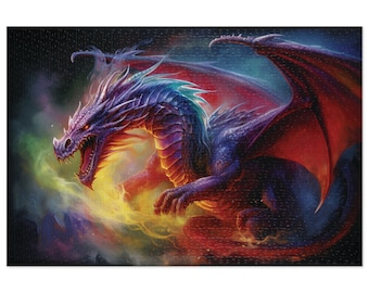 Puzzle Dragon Jigsaw Puzzle,  Purple Dragon Puzzle, 1000 Piece Adult Puzzle, Colorful Fantasy Puzzle, DnD RPG Player Gift, 500 Piece Puzzle