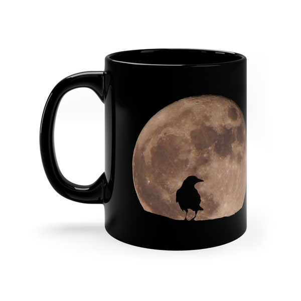 Crow Full Moon Mug,  Crow Super Moon Mug, 11oz Black Mug, Crow Mug, Raven, Black Mug, Coffee Cup, Tea Cup, Nature Lover, Gift, Right Hand