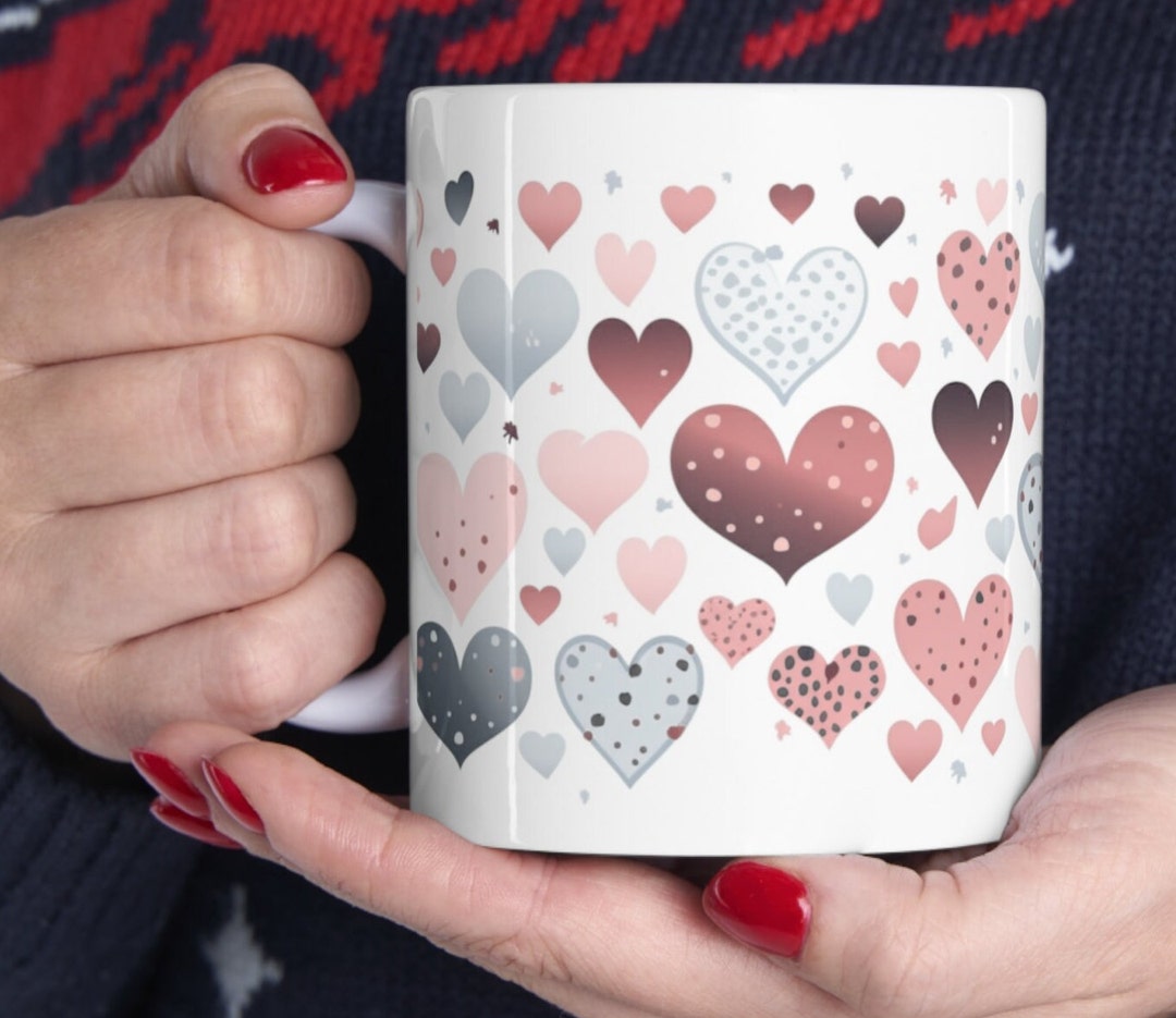 Couple's Mug With Hearts, Valentines Love Cup Custom Romantic Gift For Lovers