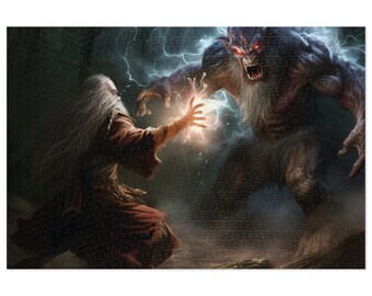 Wizard VS Troll Jigsaw Puzzle, Wizard Puzzle, 1000 Piece Adult Puzzle, Colorful Fantasy Puzzle, Gift for DnD RPG Player, 500 Piece Puzzle
