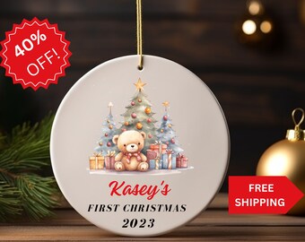 Custom Babys First Christmas Ornament, Personalized Ornament, Baby Gift, Shower Gift, Ceramic, Heart, Round, Xmas, Baby Shower