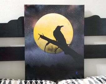 Crow Art, Crow Painting, Fantasy Art, Acrylic Painting, Spray Paint Art, Pagan Art, Moon Art, Moon Artwork, Crow Artwork, Crow Canvas,