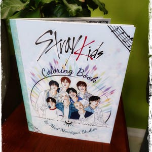 May include: A coloring book with the text "Stray Kids Coloring Book" and illustrations of the band members. The cover is light blue with a colorful design and the text "by Mad Morrigan Studios".