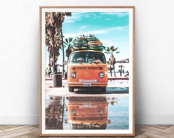 Camper Van Wall Art, Coastal Pastel Print, Summer California Ocean, Malibu Beach, Surf Board, Beach Wall Art, Sea Coast, Wall Art Poster