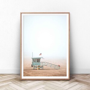 Lifeguard Hut Wall Art, Coastal Pastel Print, Summer California Ocean, Malibu Beach, Surf Board, Beach Wall Art, Sea Coast, Wall Art Poster