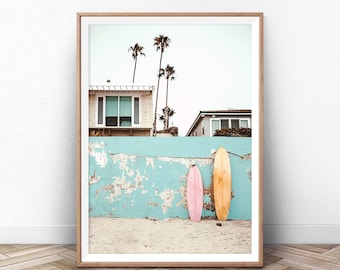 Surfboard Wall Art, Coastal Pastel Print, Summer California Ocean Photo, Malibu Beach, Beach Wall Art, Sea Coast, Wall Art Poster