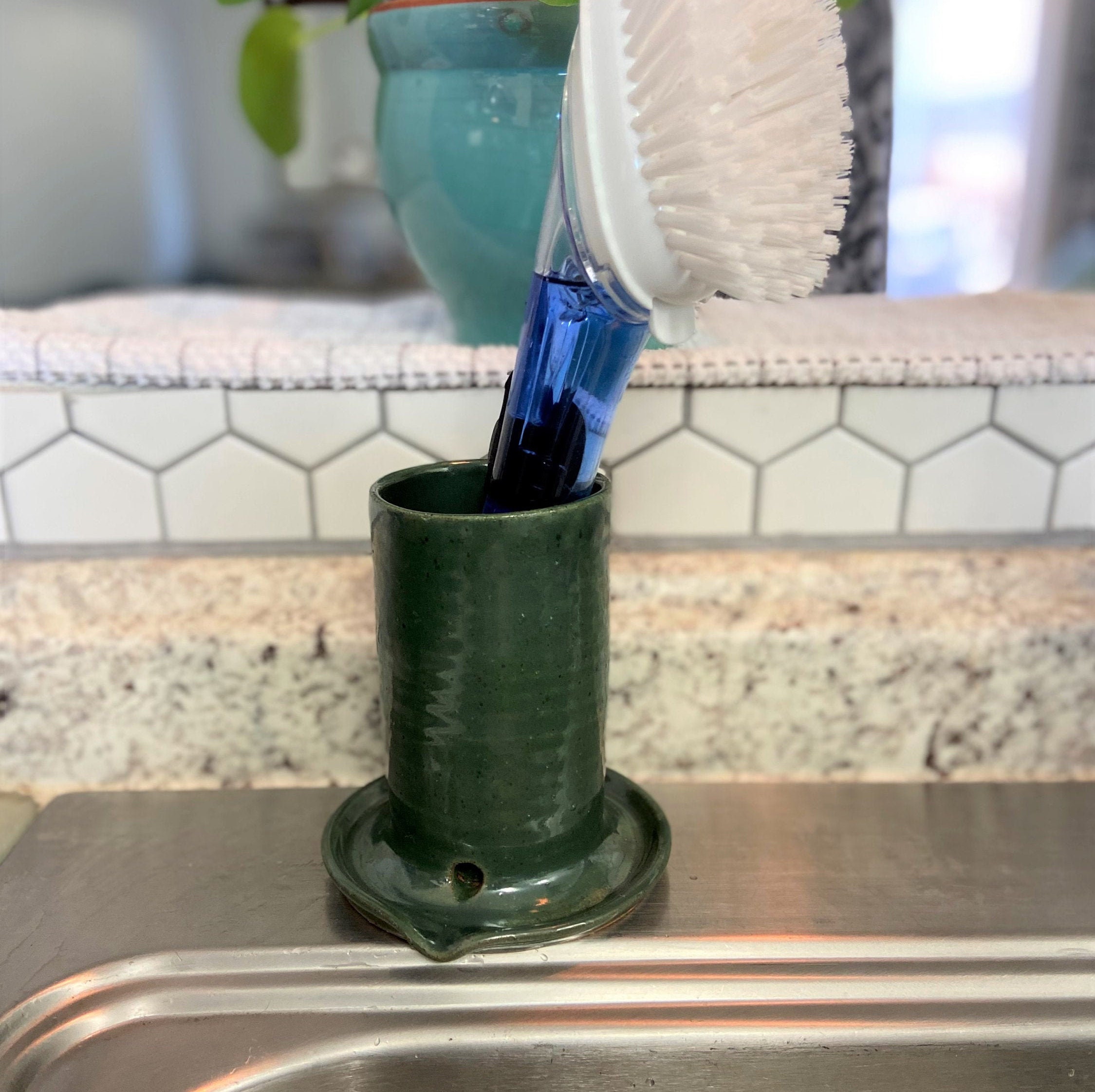 Dark Green Handmade ceramic kitchen scrub brush holder ready Etsy