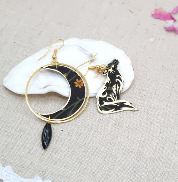Pendientes Asimétricos Desiguales De Luna Y Lobo En Acero Inoxidable Bañado En Oro Y Tejido Liberty Erica Negro - España