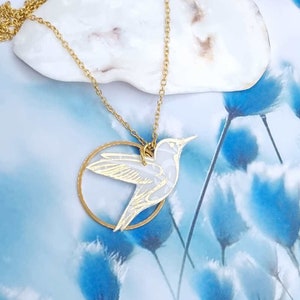 collier oiseau colibri  en tissu liberty IANTHE et acier inoxydable doré