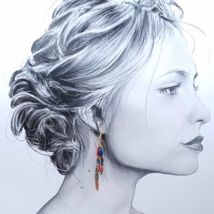 boucles d'oreilles dépareillées asymétriquesgrand colibri et plumes en TISSU liberty Ciara pétrole et acier inoxydable doré image 3