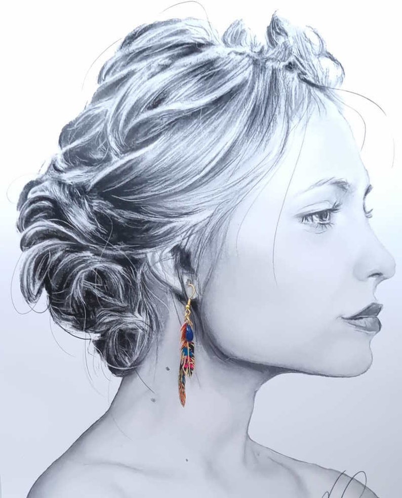boucles d'oreilles dépareillées asymétriquesgrand colibri et plumes en TISSU liberty Ciara pétrole et acier inoxydable doré image 3
