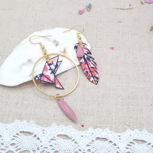 Bird and asymmetrical feather earrings liberty of london wiltshire fabric sweet peas cotton and metal of your choice