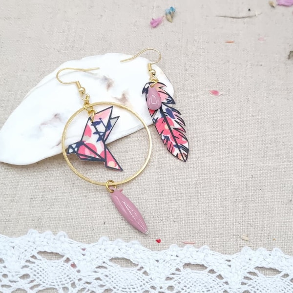 Bird and asymmetrical feather earrings liberty of london wiltshire fabric sweet peas cotton and metal of your choice