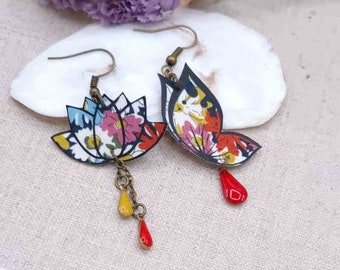 Butterfly and lotus asymmetrical mismatched earrings liberty libby blush cotton fabric and bronze brass