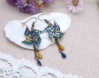 Emma Louise Cactus liberty of London fabric windmills earrings and bronze brass