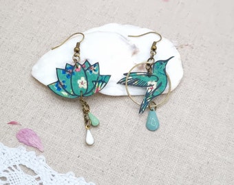 Asymmetrical mismatched hummingbird and lotus earrings in liberty fabric donna leigh jade and bronze brass